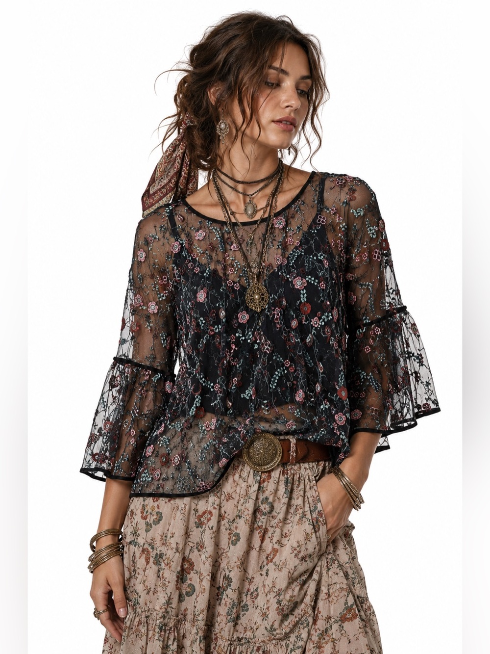 Boho Fairycore Floral Butterfly Embroidered Sheer Bell Sleeve Blouse Whimsigoth